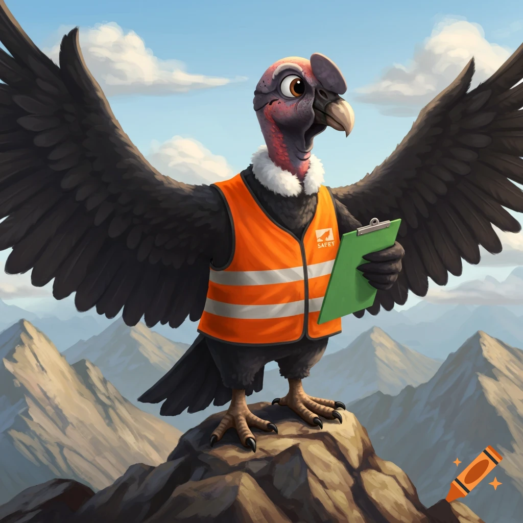 A cartoon condor mascot wearing an orange safety vest, holding a green clipboard, standing atop a mountain with its wings spread.