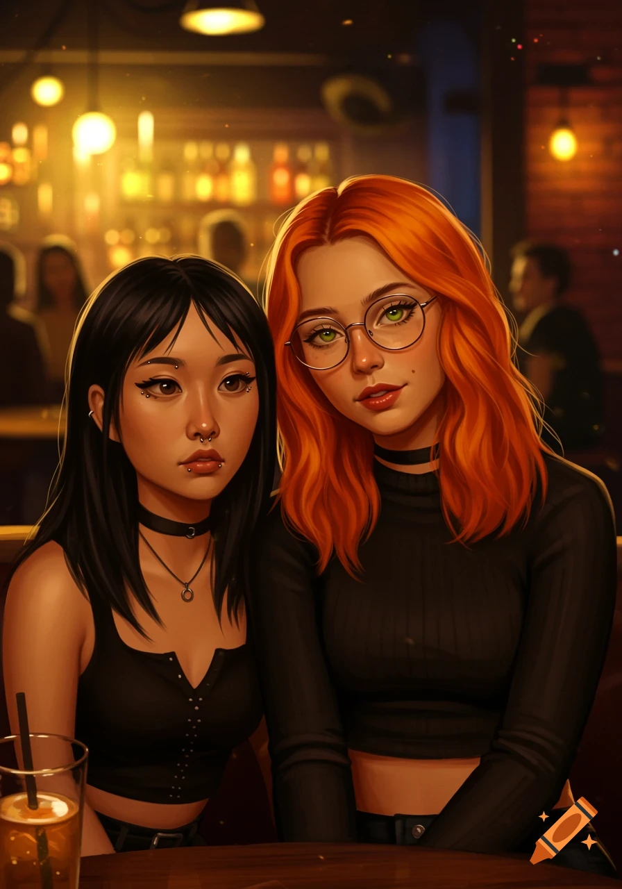 Digital art portrait of two young women with black and orange hair, sitting at a bar.