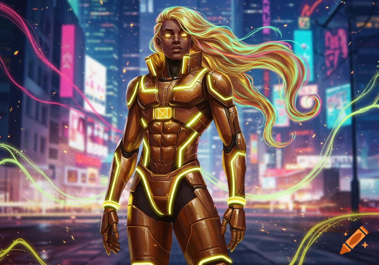 A character with glowing eyes and long, colorful hair in golden, neon-lit armor stands in a cyberpunk city.