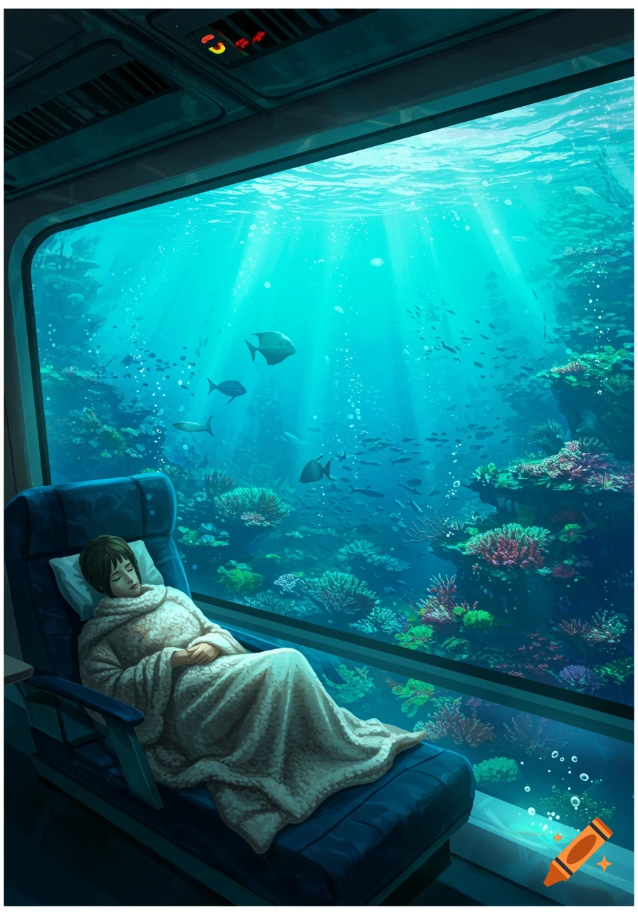A person sleeps peacefully under a blanket in a comfortable seat, looking out a large window into a vibrant underwater world with coral reefs and schools of fish, bathed in sunlight from above.