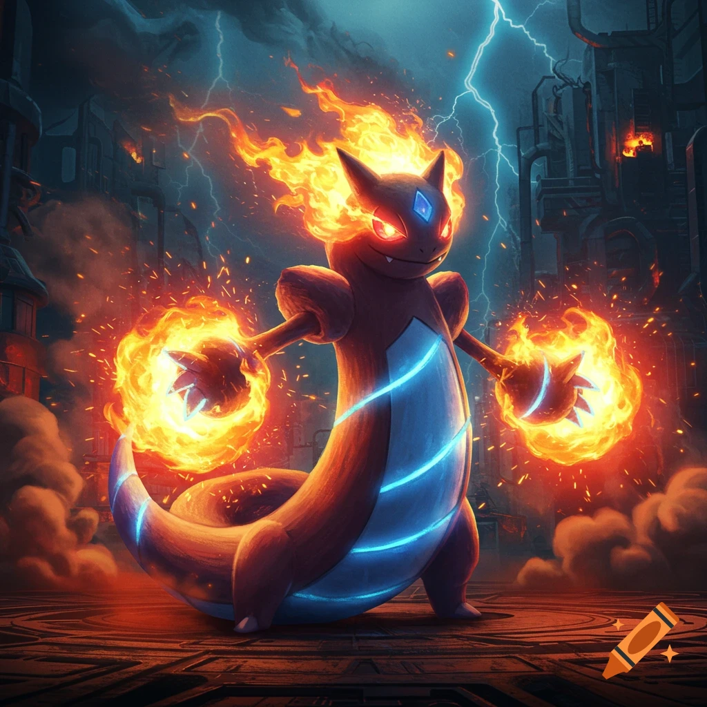 A fire and electric type creature with red eyes and glowing blue stripes, holding fireballs, stands in a lightning-stormed industrial setting.