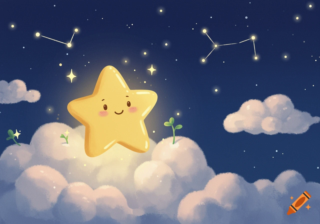 A cute, glowing cartoon star with a happy face floats among fluffy clouds in a whimsical watercolor night sky with constellations.