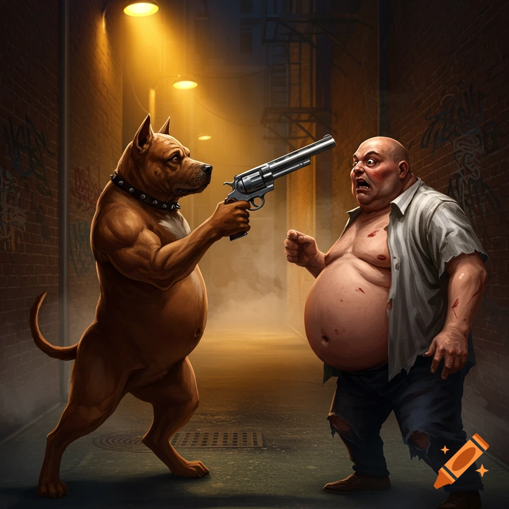 A muscular, anthropomorphic dog in an alley points a large revolver at a frightened, overweight man with red marks on his chest.