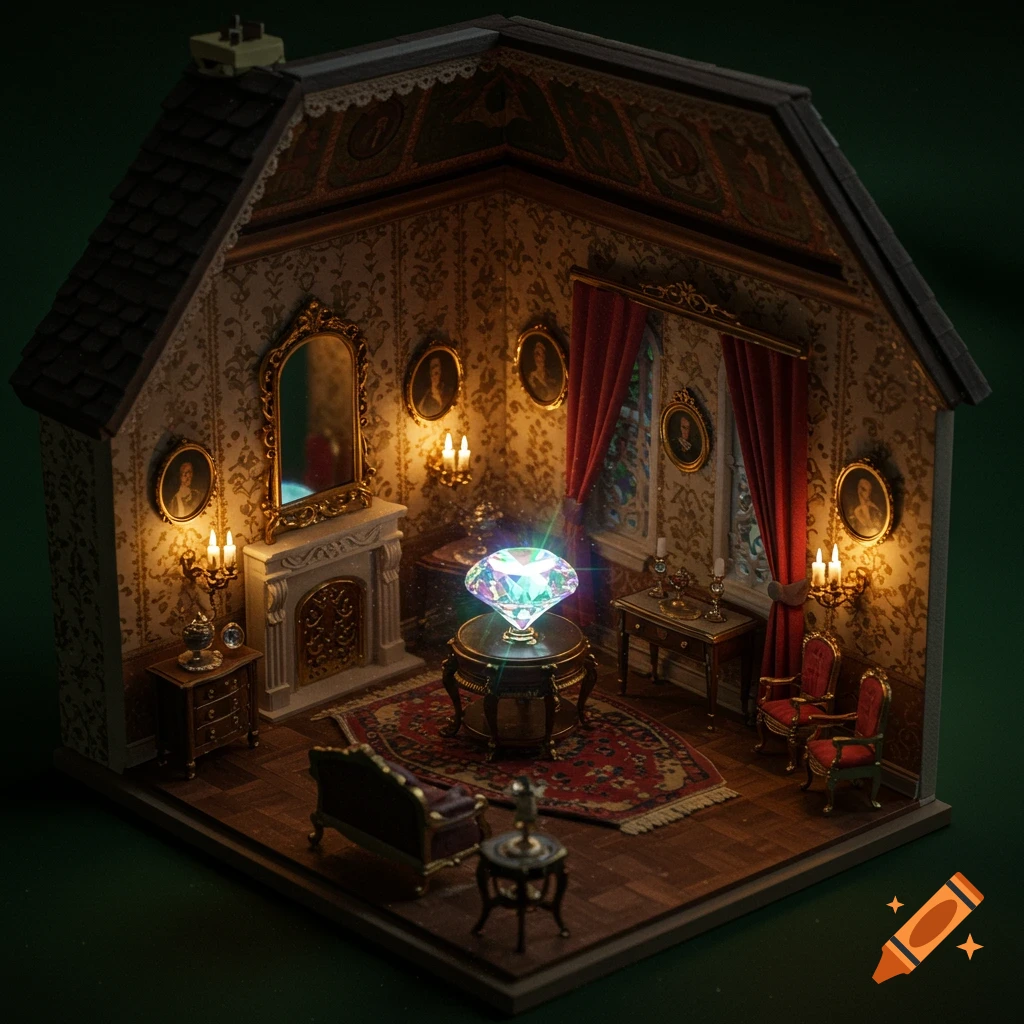 A detailed, miniature Victorian dollhouse room at night, with a brightly glowing, multifaceted gem on a central table.