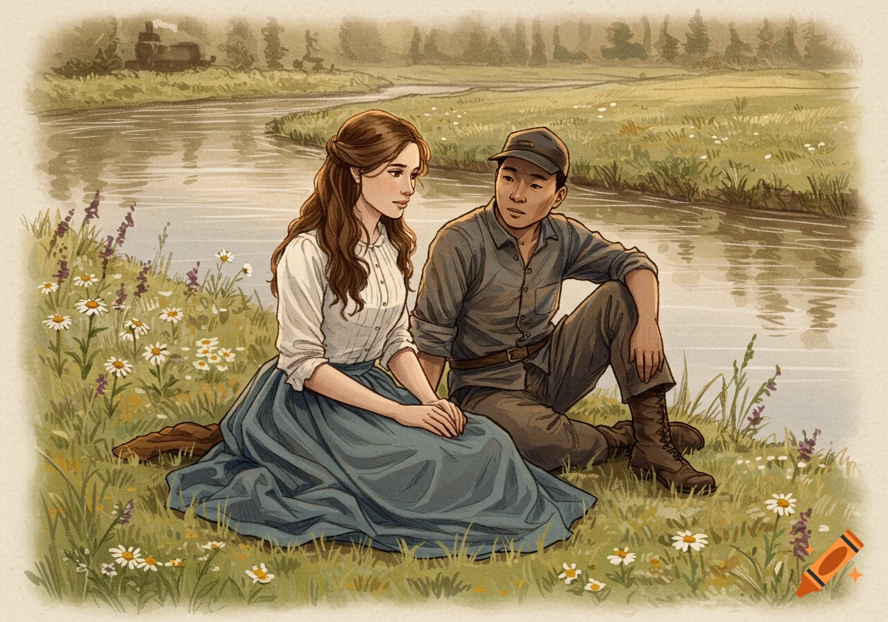 A soft 1880s-era drawing shows a woman in a white blouse and blue skirt and a man in a cap and uniform sitting by a river.