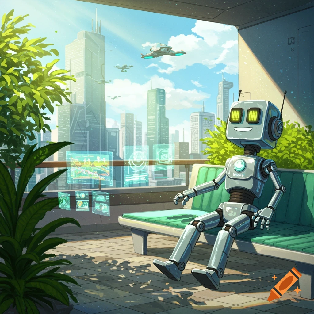 A friendly robot sits on a bench on a balcony overlooking a futuristic city with flying vehicles and holographic screens.