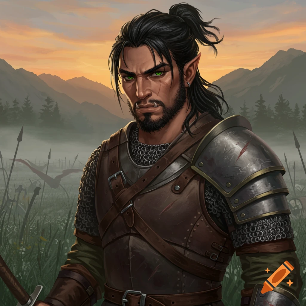 A rugged half-orc male warrior with green eyes and long dark hair tied back, wearing armor in a misty field at sunset.