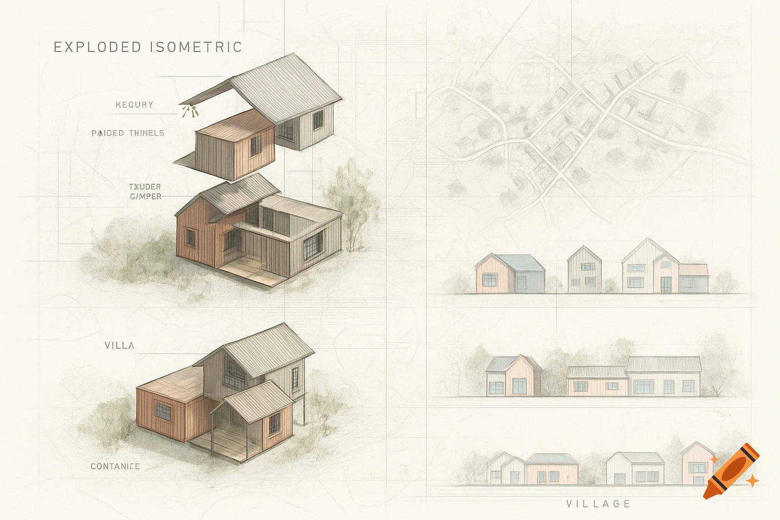 An architectural board featuring exploded isometric views of houses, abstract urban maps, and minimalist pastel street elevations in a sketch style.