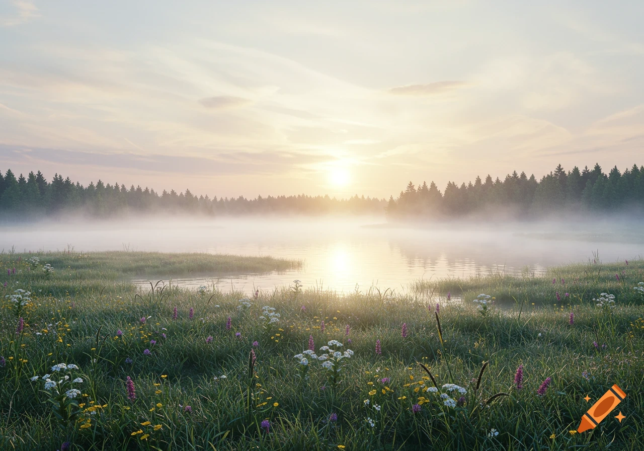 Misty lake at sunrise with wildflowers in the foreground and a forest in the background, photorealistic style.