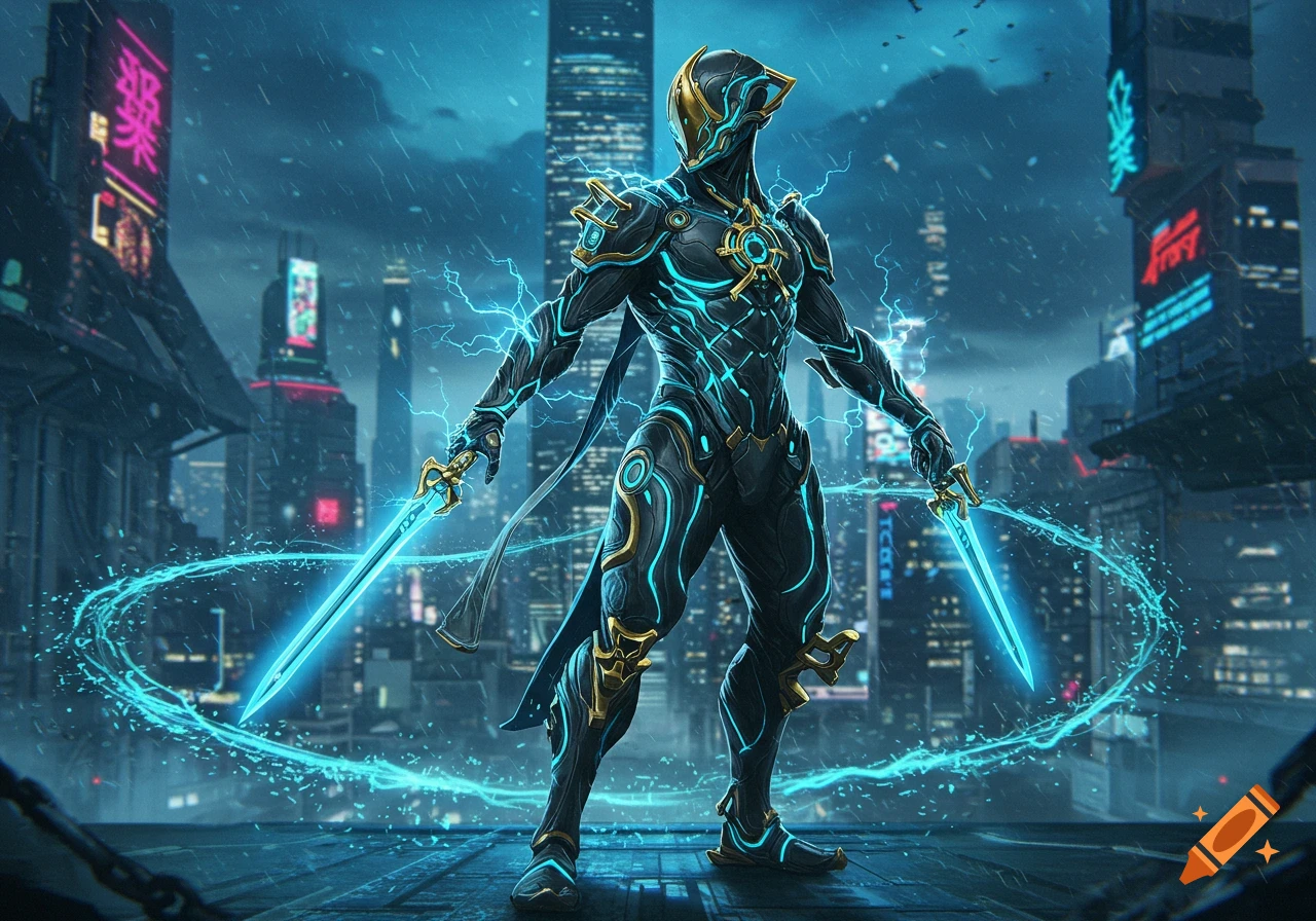 A futuristic armored warrior (Warframe Volt) in a dark, rainy cyberpunk city, holding two glowing blue energy swords.