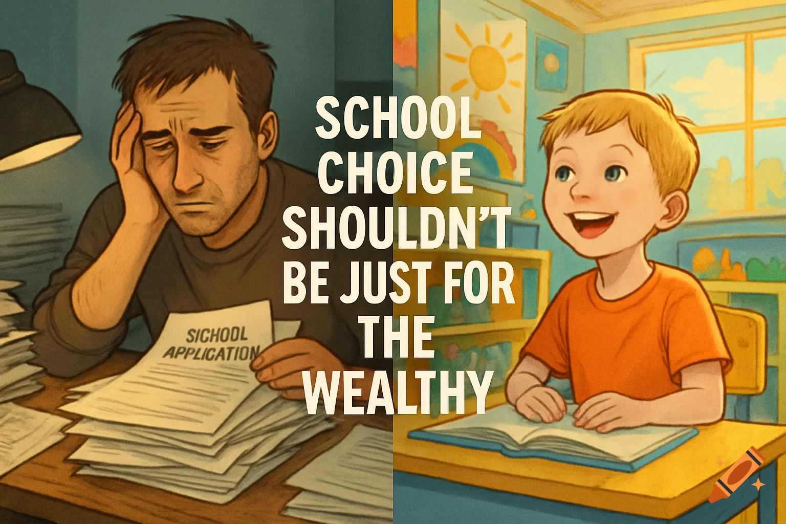 A man looking frustrated with papers next to a happy child in a classroom. Text overlay reads 'School Choice Shouldn Be Just for the Wealthy'.