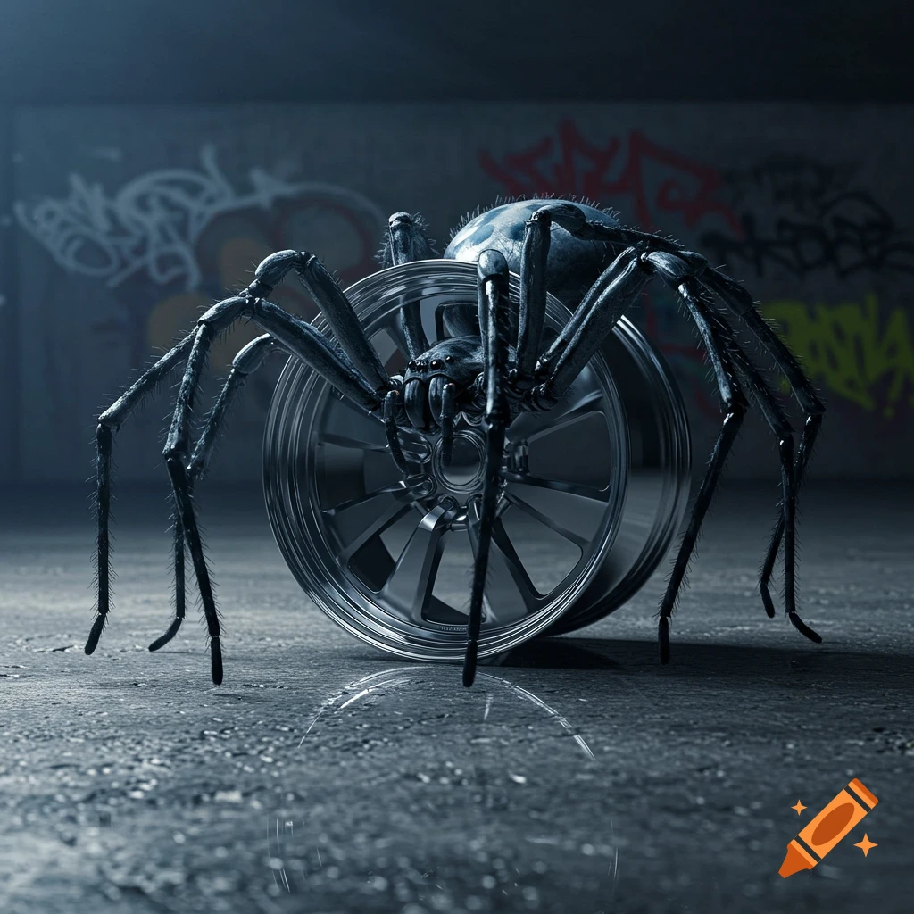 A large dark spider sits on a shiny silver car rim in a dimly lit, graffiti-covered concrete room.