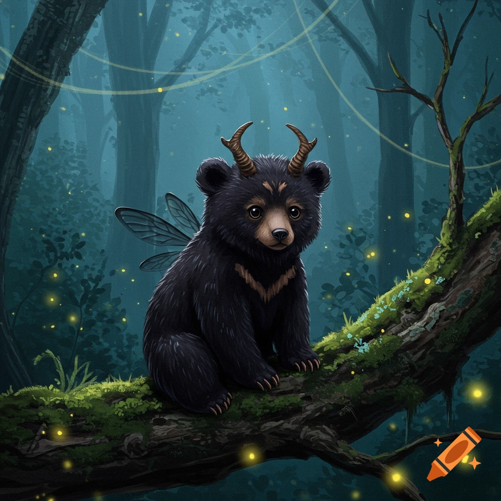 A cute black bear creature with small brown horns and insect wings sits on a mossy tree branch in a dark, magical forest with glowing lights.