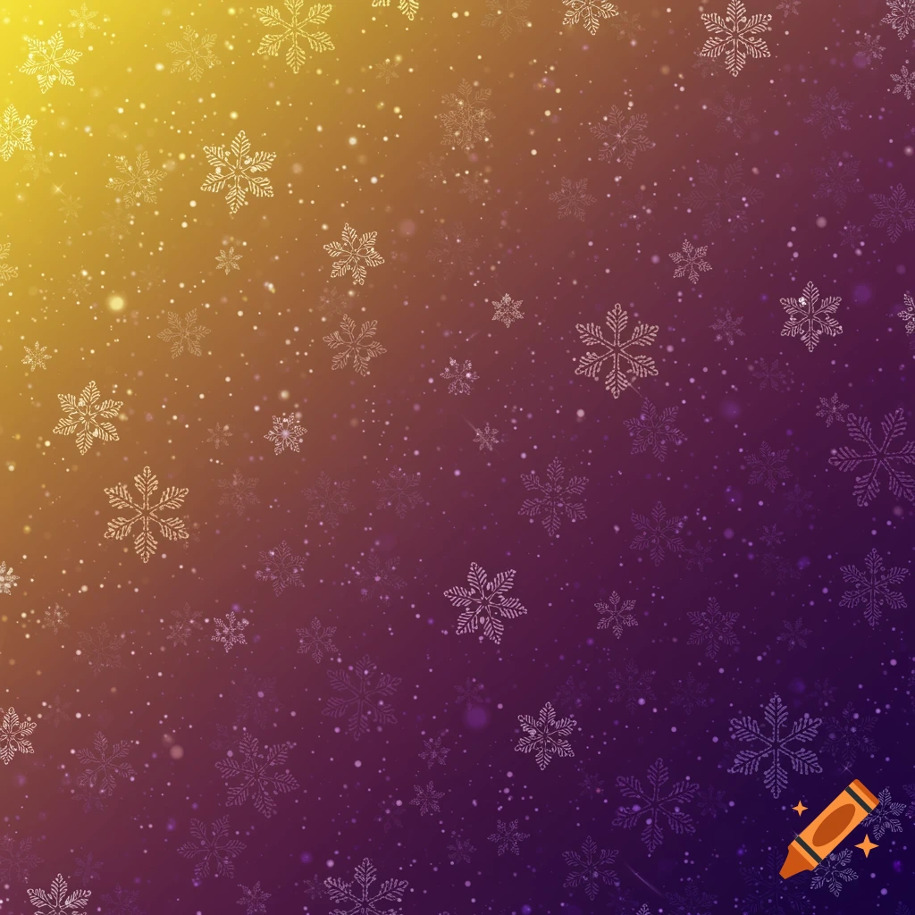 A gradient background from gold to purple, covered with numerous white and sparkling snowflakes and small white dots.