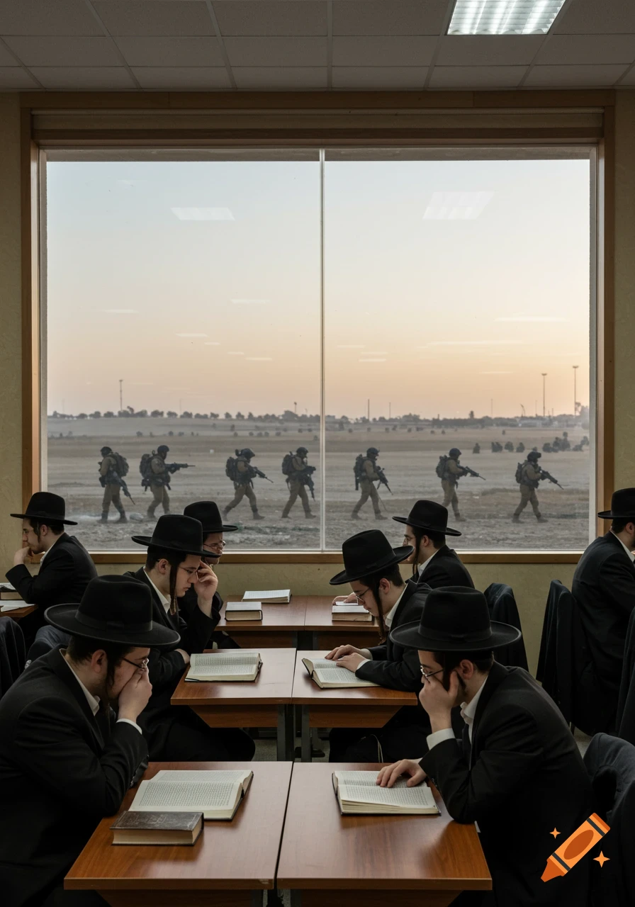 Photorealistic image of Hasidic men studying in a hall, with soldiers marching outside a large window at dusk.