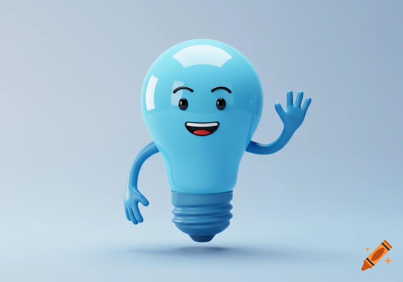 A bright blue 3D cartoon lightbulb character with a smiling face and three-fingered hands waves.