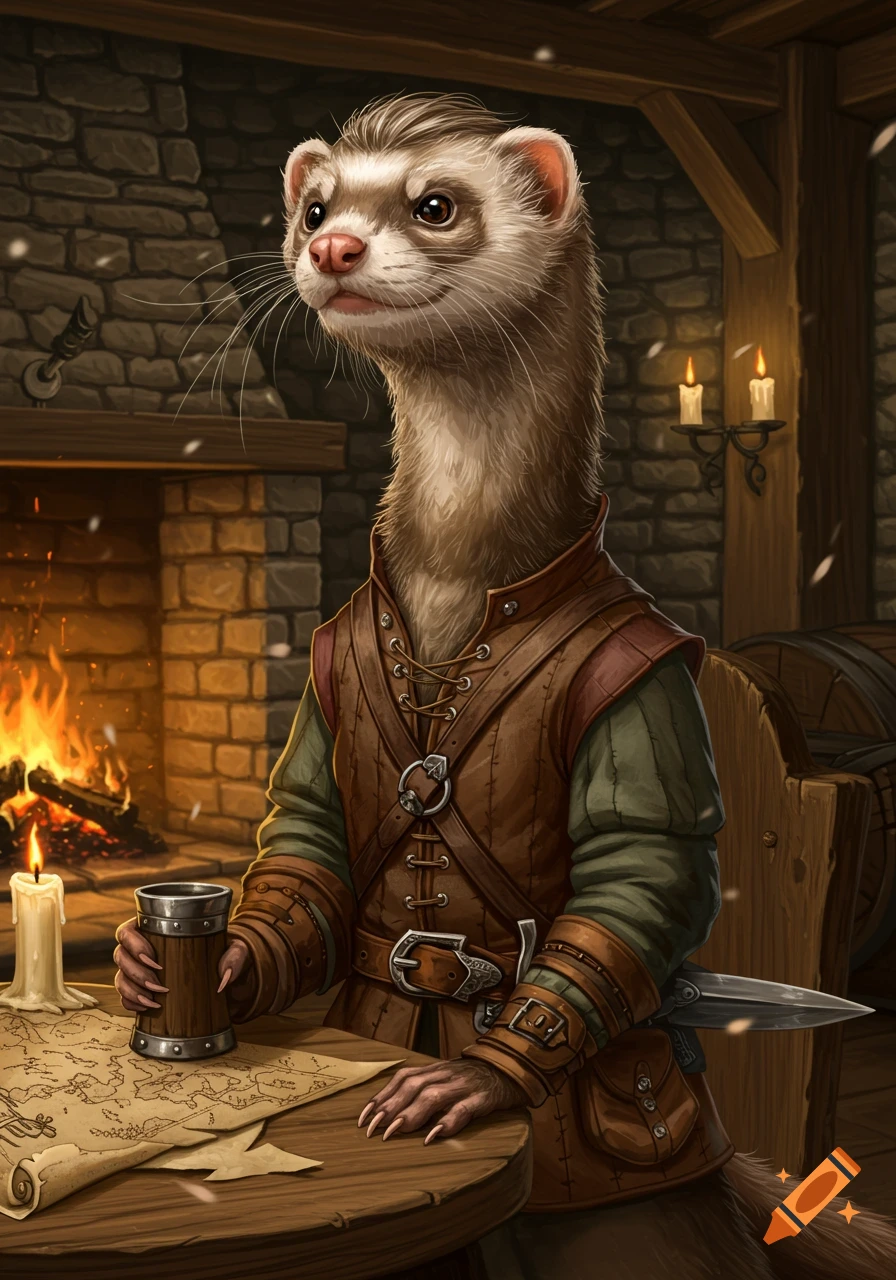 An anthropomorphic ferret dressed in medieval attire sits at a wooden table, holding a tankard. A fireplace burns in the background, with a map on the table.
