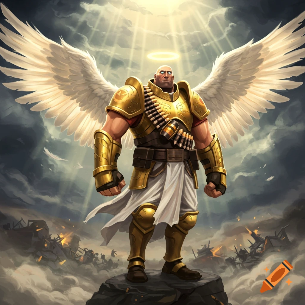 A bald, muscular man resembling the Team Fortress 2 Heavy, wearing golden angel armor and large white wings, stands on a rock over a burning battlefield under divine light.