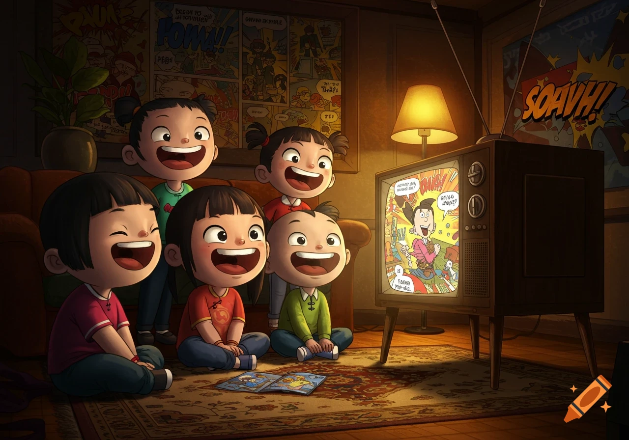 Five cartoon children with big smiles watch a comic on an old television in a dimly lit room with comic posters on the wall.