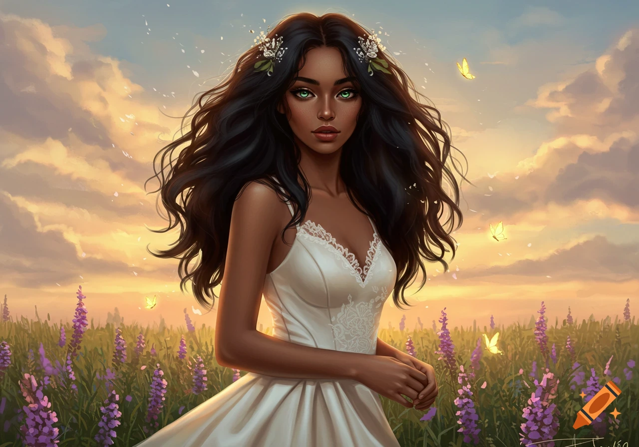 Digital painting of a beautiful woman with long dark hair, green eyes, and a white dress, in a field of purple flowers at sunset with butterflies.