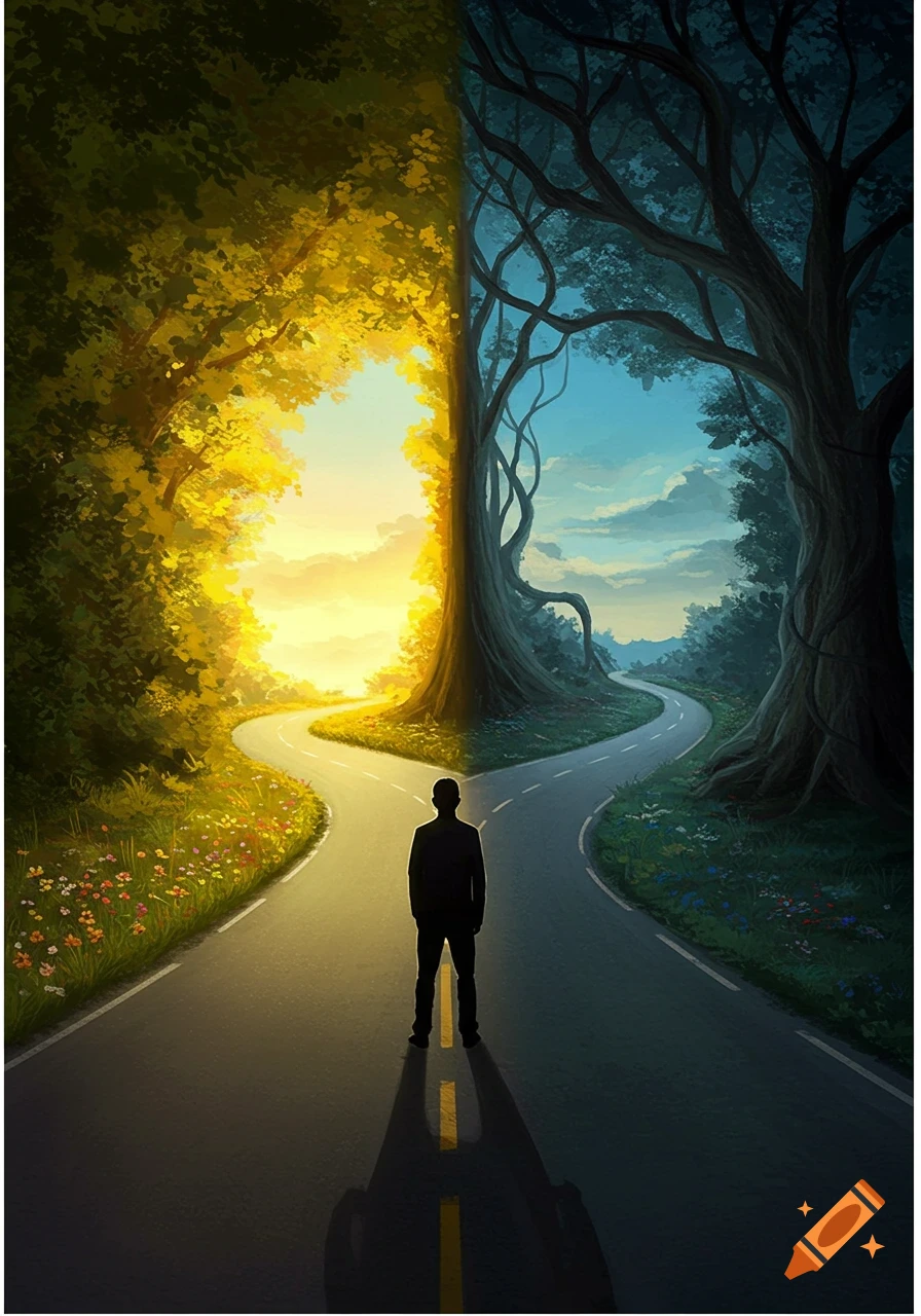 A man stands at a fork in a road, one path is bright and inviting through golden trees, the other dark and ominous through gnarled trees.