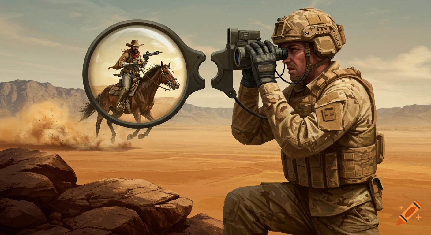A soldier in desert camouflage looks through binoculars, seeing a cowboy with a rifle riding a horse in a desert landscape.