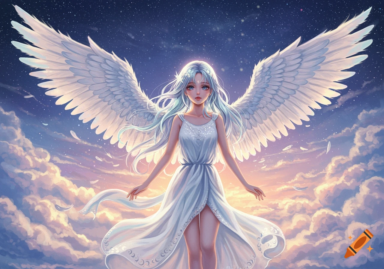 Anime-style female angel with long white hair and large wings, standing amidst clouds and a starry night sky.