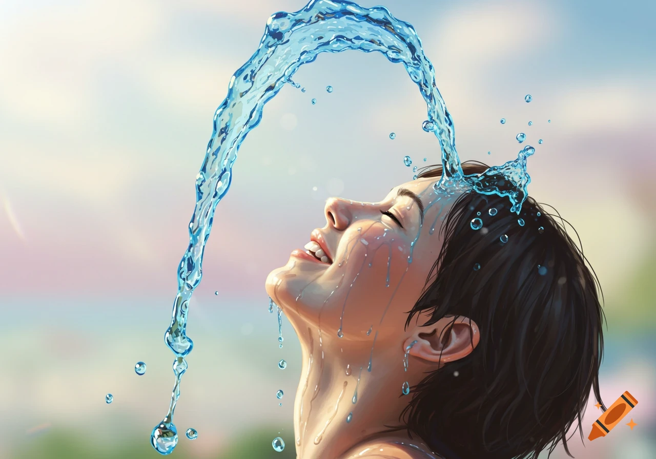 A person with closed eyes smiles as a stream of water splashes over their head and face in an illustrated style with a bright sky background.
