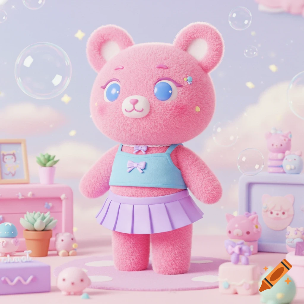 A fluffy pink bear-like character in a blue top and purple skirt stands in a pastel room with bubbles and toys, 3D render.