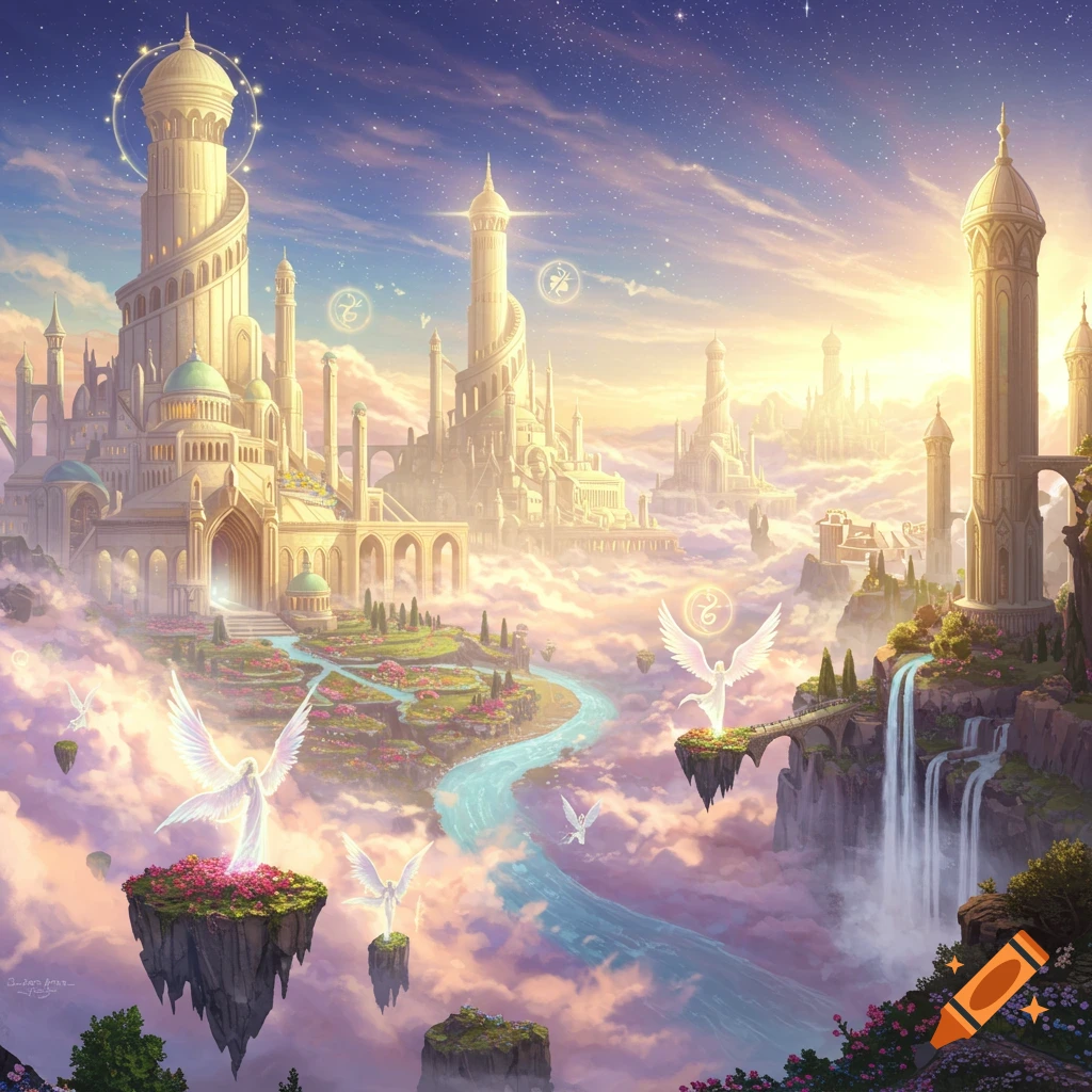 A vibrant fantasy landscape depicting a golden city with ornate towers and floating islands, ethereal angelic figures, rivers, waterfalls, and lush gardens, all set against a beautiful sky with clouds and stars.