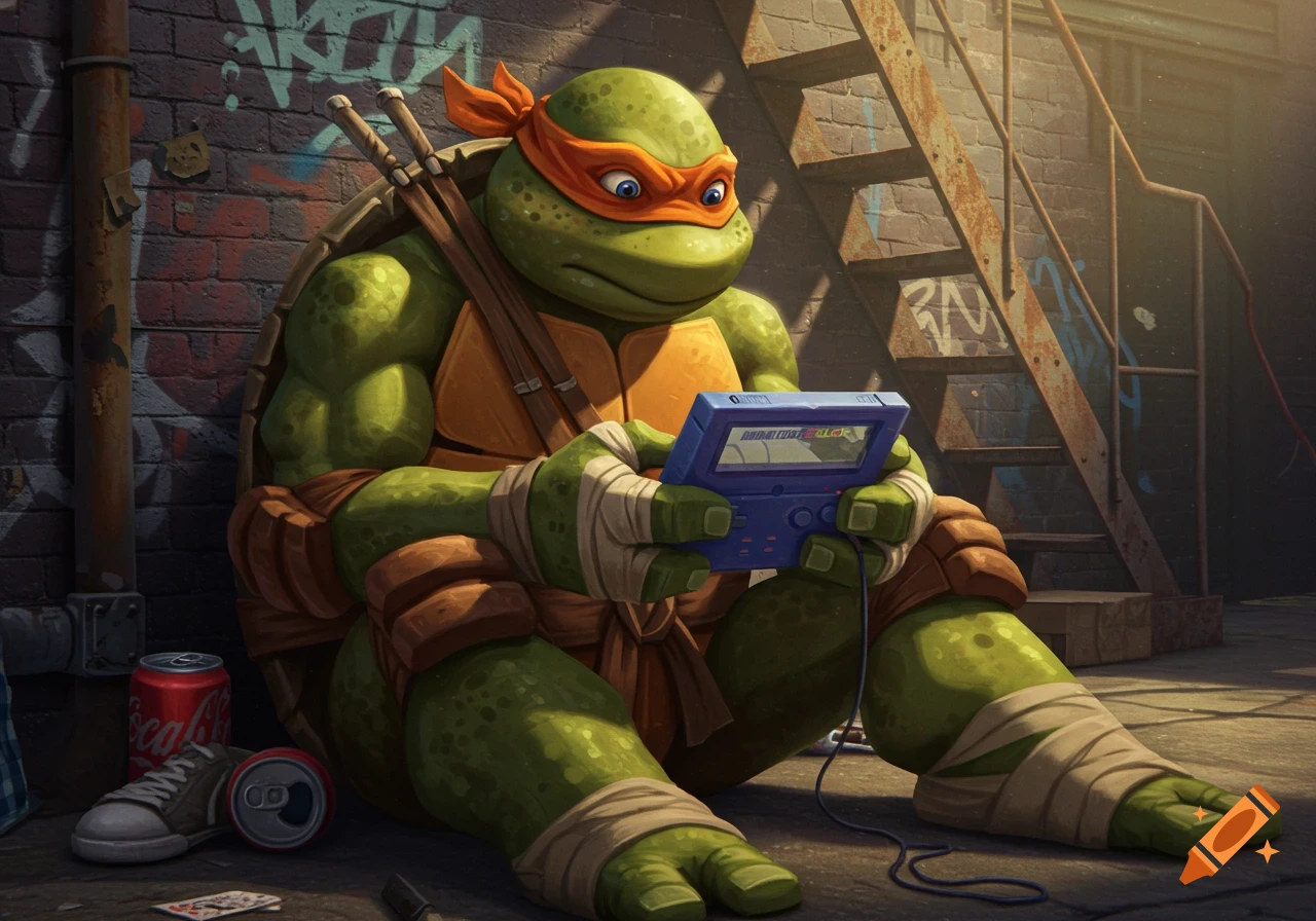 Michelangelo, a Teenage Mutant Ninja Turtle, sits in a gritty alley playing a blue handheld video game console.