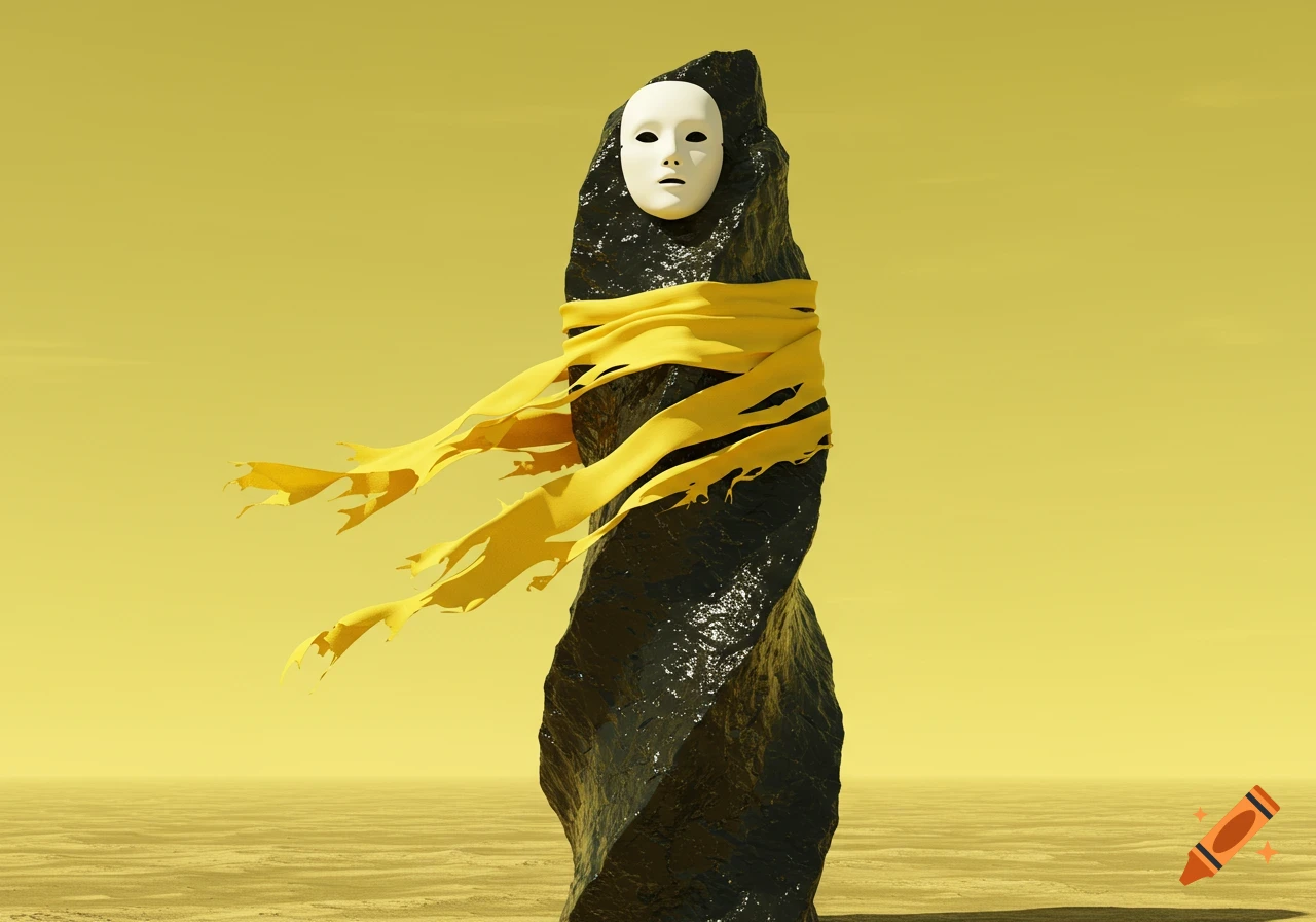 Abstract image of a twisting black column with a white mask and tattered yellow ribbons in a barren yellow landscape.