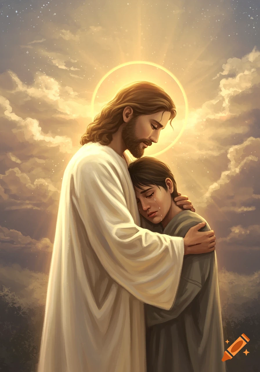 An illustration of Jesus embracing a weeping person, with a glowing halo and a bright, cloudy sky in the background.