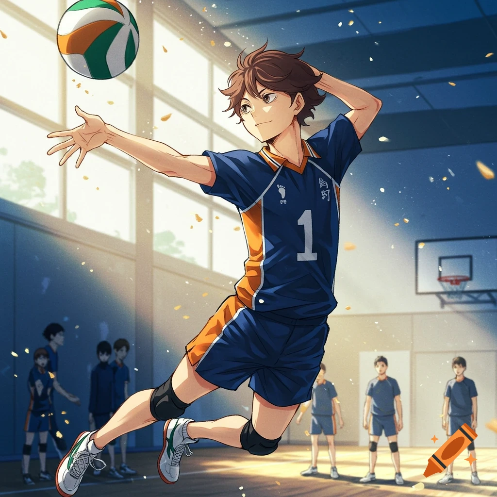 An anime boy in a blue and orange volleyball uniform jumps to hit a volleyball in a gym.