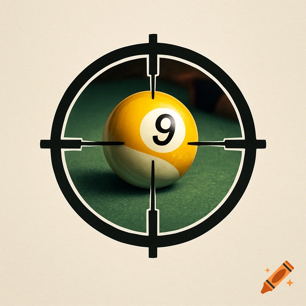 A lifelike logo featuring a yellow billiards 9-ball seen through sniper crosshairs on a green pool table.