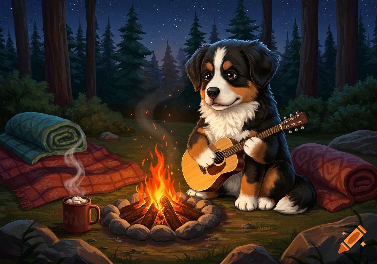 A cute Bernese Mountain Dog puppy plays a guitar by a campfire in a forest at night, with blankets and a hot drink nearby. Cartoon style.