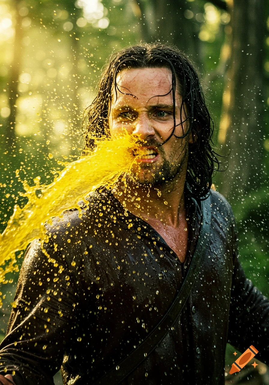 A man with long dark hair, resembling Aragorn, grimaces as a vivid yellow liquid splashes across his face in a sun-dappled forest.