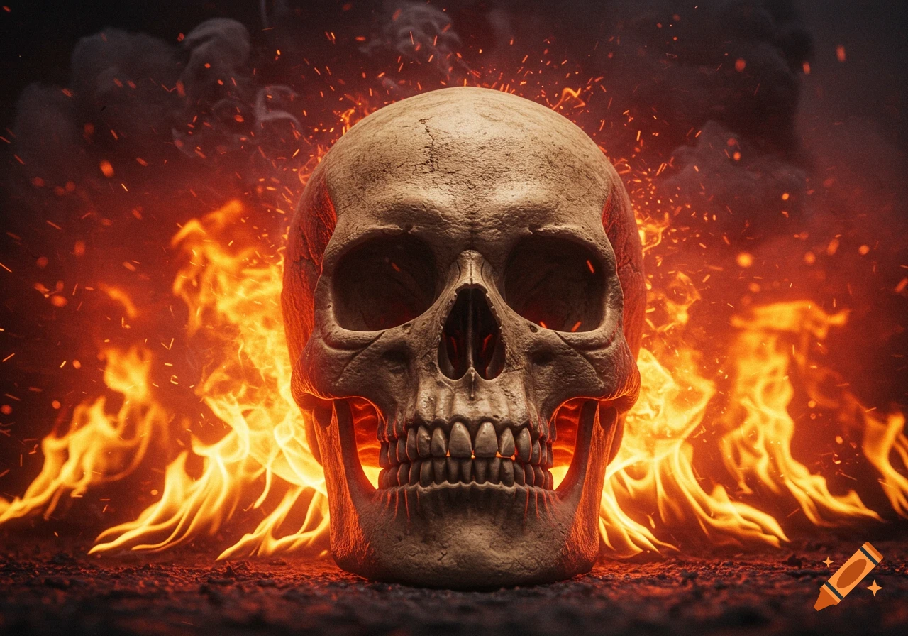 A realistic human skull sits on scorched ground, engulfed in vibrant orange and red flames with smoke and embers rising.