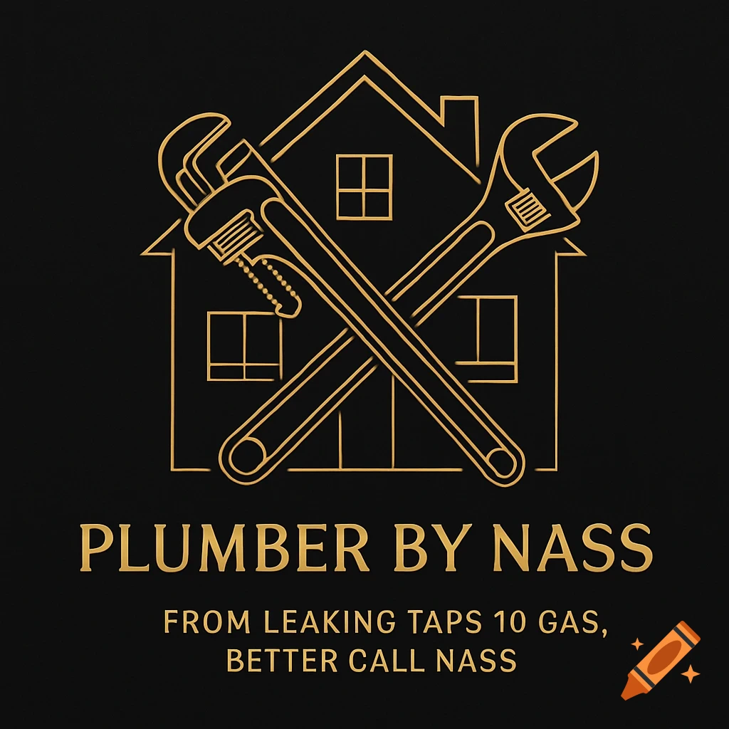 A golden line-art logo featuring a house outline crossed by a pipe wrench and a shifter wrench on a black background, with "PLUMBER BY NASS" and "FROM LEAKING TAPS 10 GAS, BETTER CALL NASS" text below.