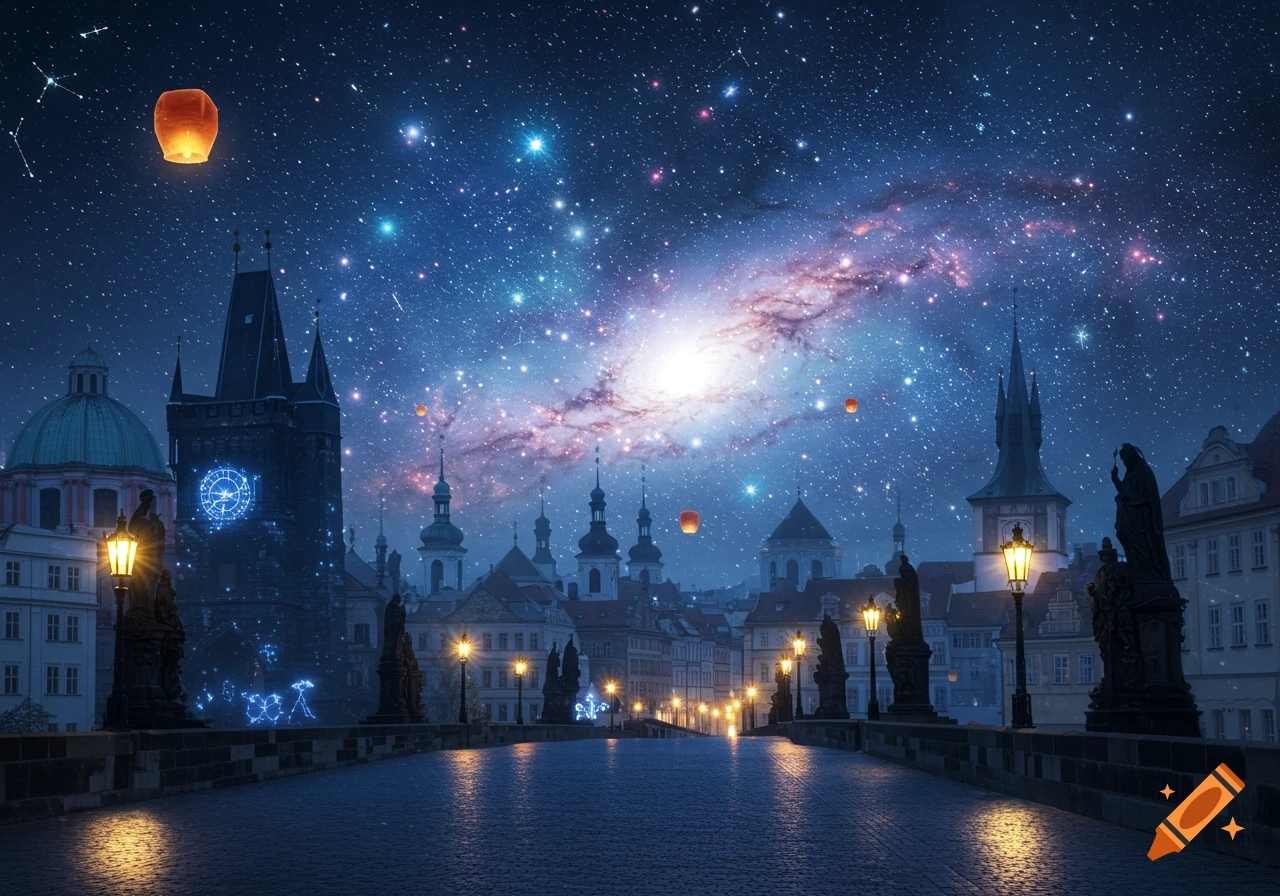A beautiful night view of a fantasy Prague bridge and city under a vibrant, star-filled galaxy sky, with glowing constellations and lanterns.