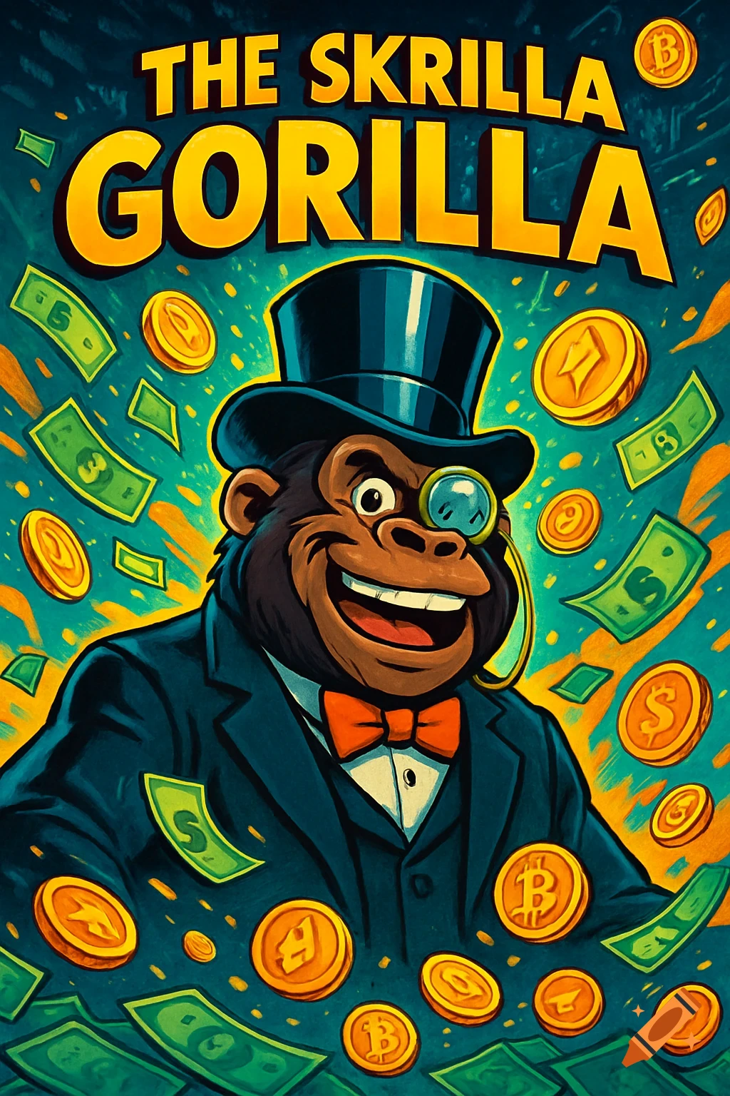 Cartoon gorilla in a top hat and monocle, surrounded by flying money and coins, with 'THE SKRILLA GORILLA' text.