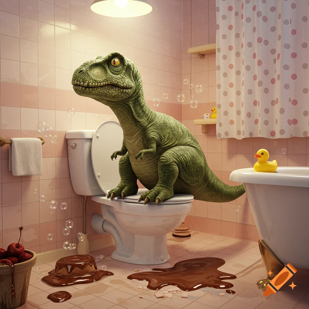 A large green dinosaur sits on a toilet in a pink tiled bathroom with chocolate spilled on the floor. Photorealistic.