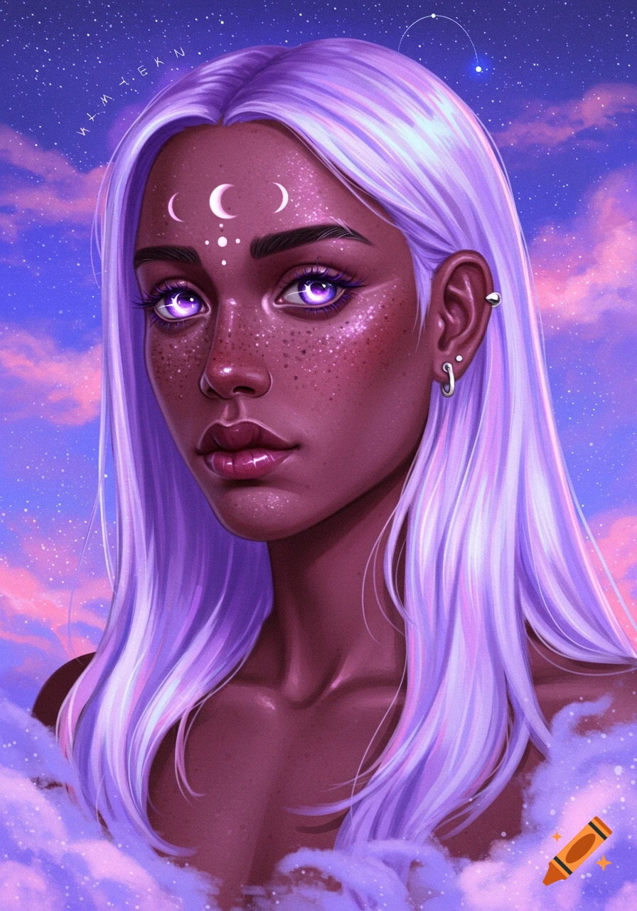 A close-up digital painting of a dark-skinned person with long pastel purple hair, glowing purple eyes, and three white crescent moons on their forehead, set against a background of purple and pink clouds and a starry night sky.
