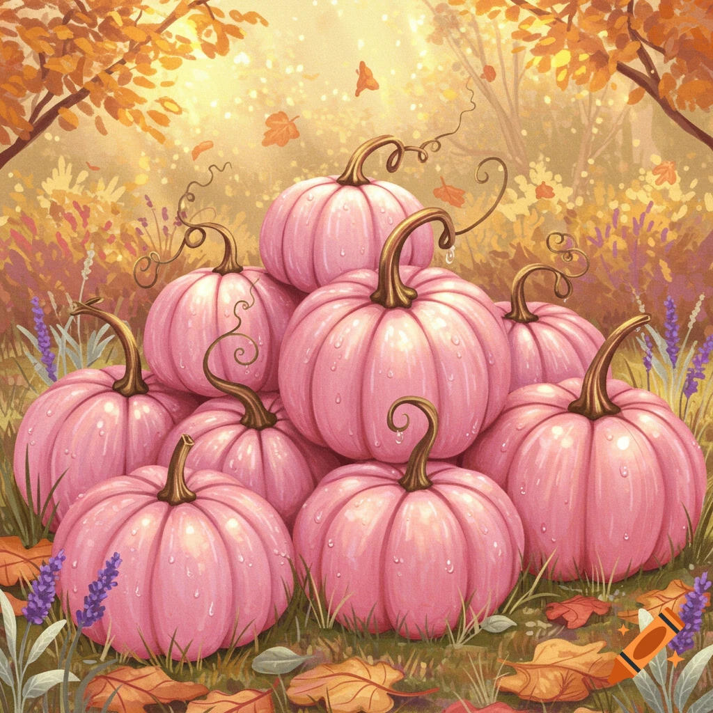 Illustrated pile of pink pumpkins with water droplets on the ground in a whimsical autumn forest with fall leaves.