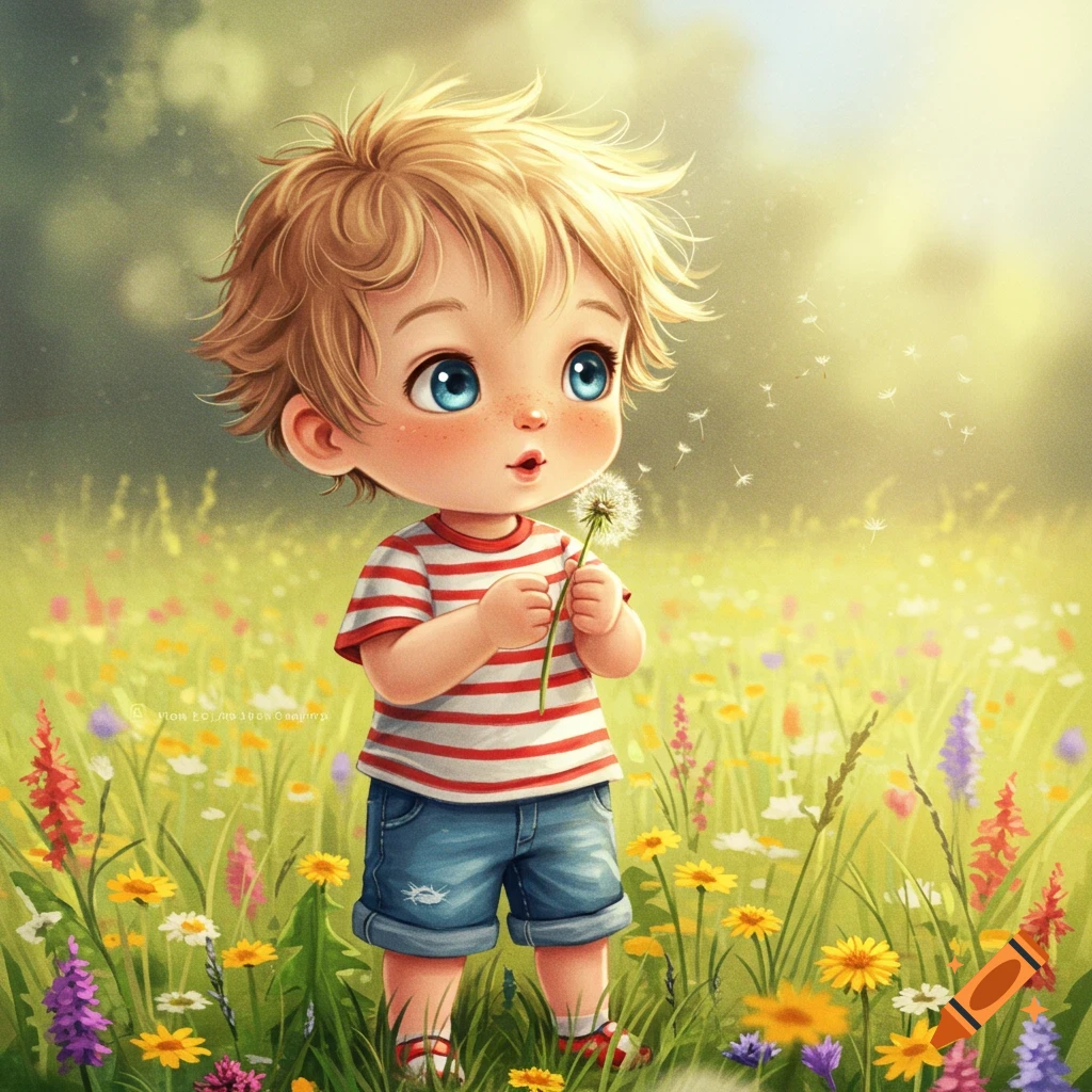 A cute cartoon boy with blonde hair and blue eyes, holding a dandelion in a vibrant field of colorful wildflowers. Whimsical illustration.