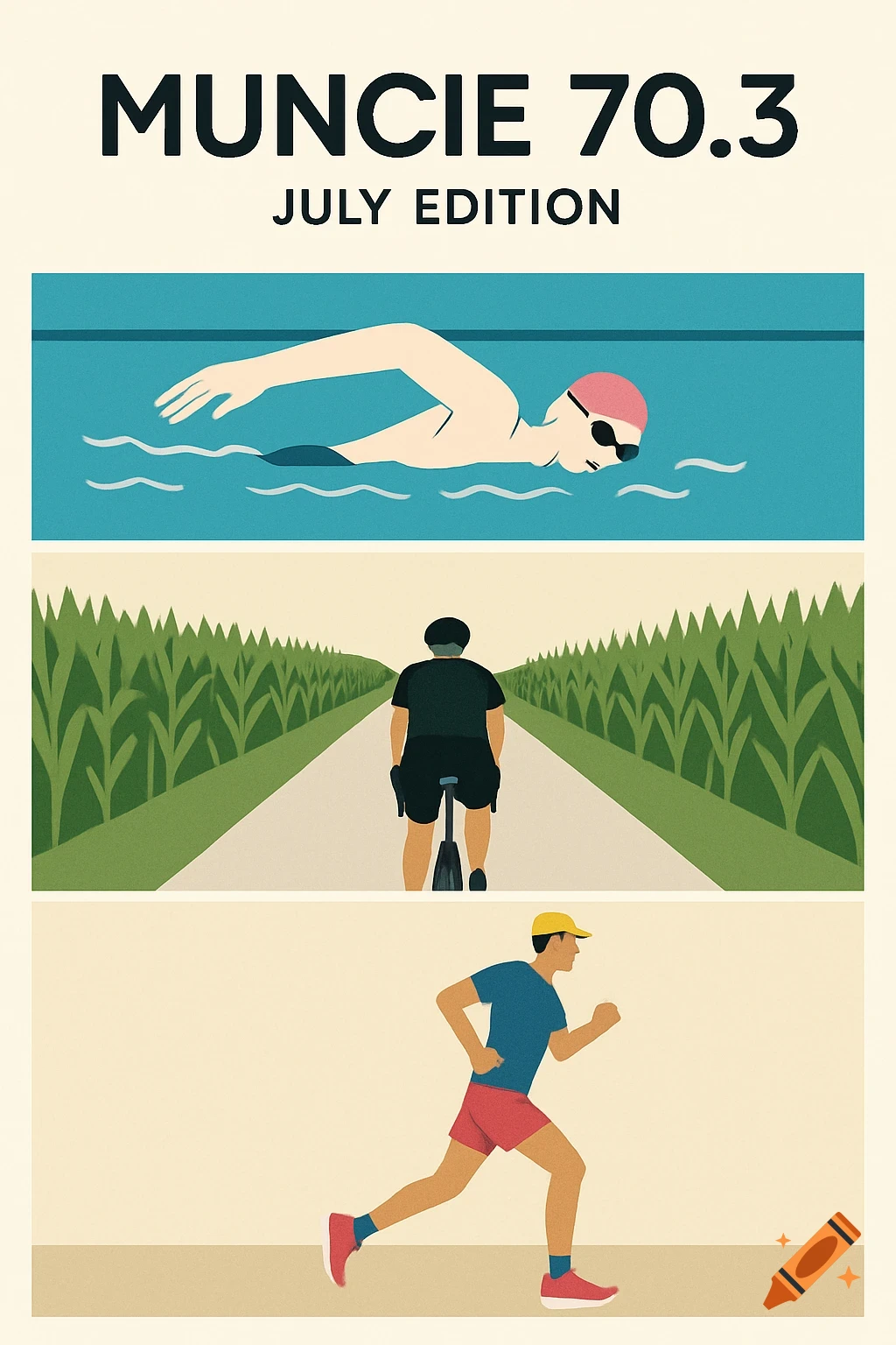 Minimalist poster for Muncie 70.3 July Edition showing a swimmer, a cyclist, and a runner in three panels.