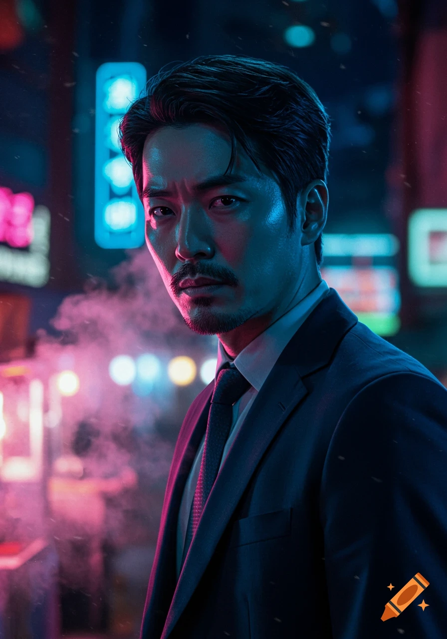 Photorealistic portrait of a serious Korean man in a suit, illuminated by pink and blue neon lights in a smoky night city.