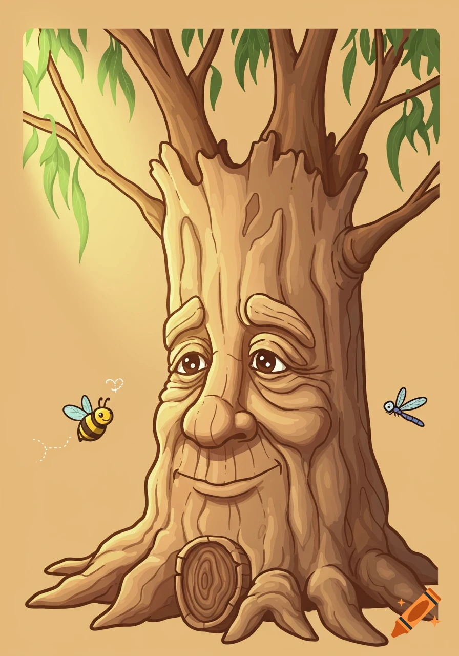 Cartoon illustration of an old gum tree with a kind, wrinkled face. A bee with a heart shape flies near its face; a dragonfly rests on a branch.