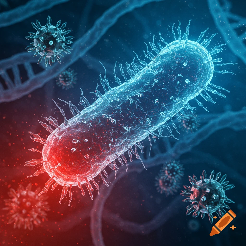 A vibrant microscopic image of an elongated bacterium (blue/red) surrounded by several viruses, with DNA strands in the background.