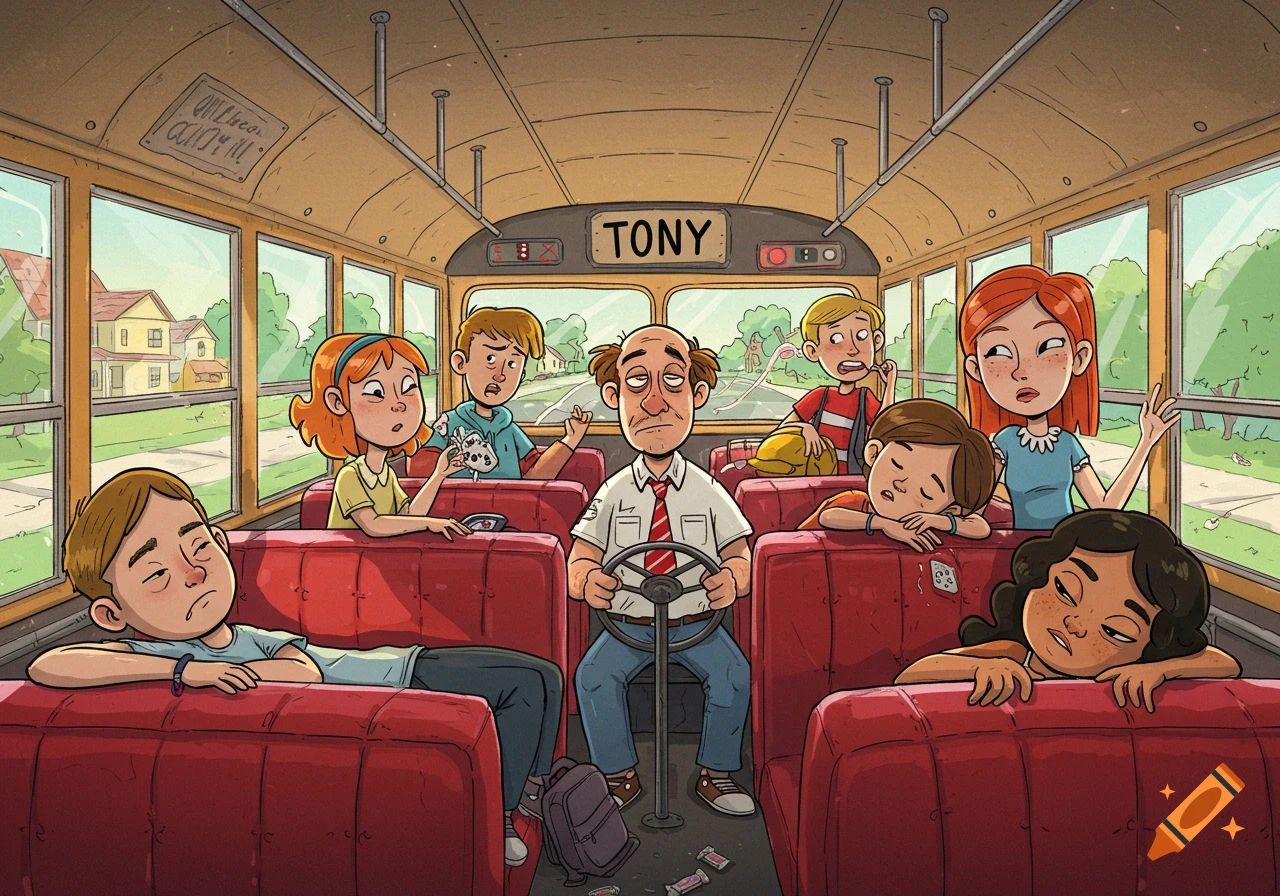 A tired-looking bus driver named Tony sits behind the wheel of a school bus, surrounded by students. Some students are bored or sleeping, while others look concerned. One student is blowing a large bubble gum bubble. Cartoon style.